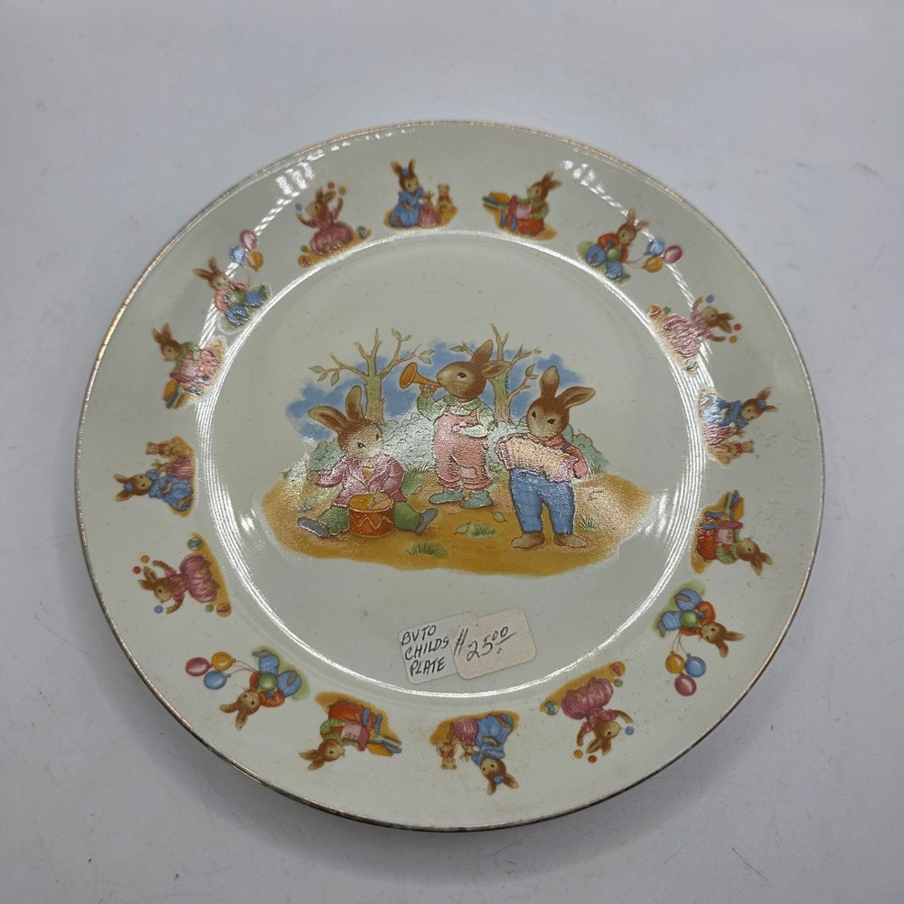 Vintage Ceramic Childs Plate Musical Rabbits Bunny Gold Trim Nursery Decor